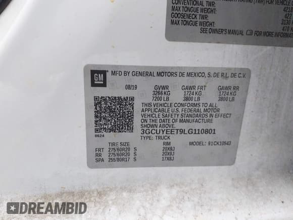 ✅ 2020 Chevrolet Silverado 1500 RST • VIN: 3GCUYEET9LG110801 • Lot: 43146146. Listed on IAAI with 145,879 mi. Free auction sales archive from the USA and detailed vehicle history report at DreamBid. Image 9.