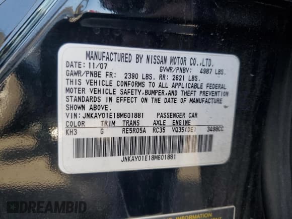 ✅ 2008 Infiniti M • VIN: JNKAY01E18M601881 • Lot: 84296705. Listed on Copart with 178,231 mi. Free auction sales archive from the USA and detailed vehicle history report at DreamBid. Image 12.