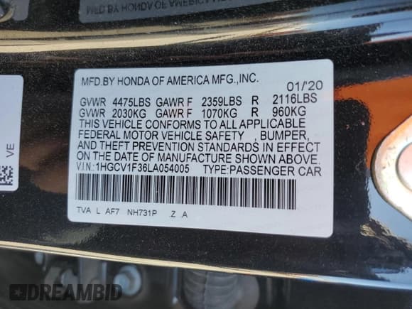 ✅ 2020 Honda Accord Sport • VIN: 1HGCV1F36LA054005 • Лот: 89536865. Опубликован ранее на Copart с пробегом 146 392 миль. Бесплатный доступ к архиву аукционных продаж из США и подробный отчёт об истории автомобиля на DreamBid. Изображение 13.