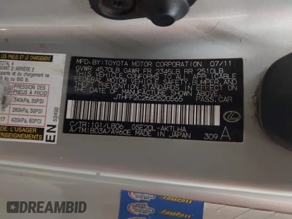 ✅ 2011 Lexus IS 250 C • VIN: JTHFF2C26B2520565 • Лот: 43688191. Опубликован ранее на IAAI с пробегом 196 650 миль. Бесплатный доступ к архиву аукционных продаж из США и подробный отчёт об истории автомобиля на DreamBid. Изображение 9.