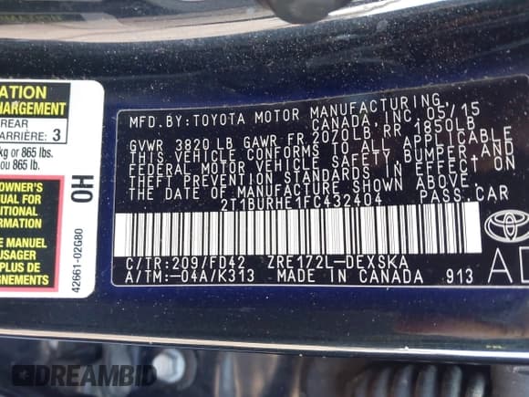 ✅ 2015 Toyota Corolla LE • VIN: 2T1BURHE1FC432404 • Lot: 43450629. Listed on IAAI with 94,390 mi. Free auction sales archive from the USA and detailed vehicle history report at DreamBid. Image 9.