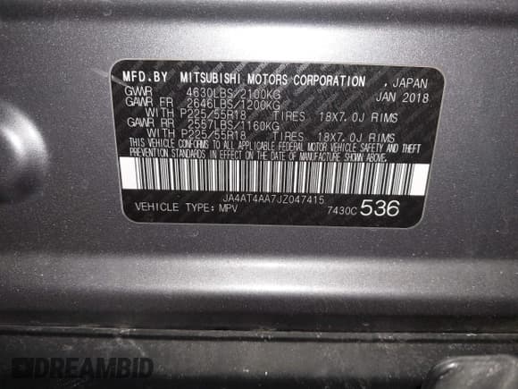 ✅ 2018 Mitsubishi Eclipse Cross LE • VIN: JA4AT4AA7JZ047415 • Lot: 41572014. Listed on IAAI with 116,905 mi. Free auction sales archive from the USA and detailed vehicle history report at DreamBid. Image 9.