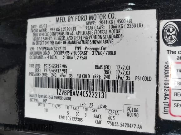 ✅ 2012 Ford Mustang Premium • VIN: 1ZVBP8AM4C5222131 • Lot: 43519035. Listed on IAAI with 124,983 mi. Free auction sales archive from the USA and detailed vehicle history report at DreamBid. Image 9.