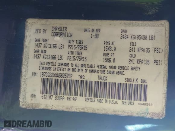 ✅ 1998 Dodge Dakota SLT • VIN: 1B7GG22XXWS625292 • Lot: 41704917. Wystawiony na IAAI z przebiegiem 158 629 mil. Bezpłatny archiwum sprzedaży aukcyjnych z USA i szczegółowy raport historii pojazdu na DreamBid. Zdjęcie 9.