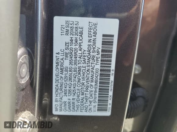 ✅ 2021 Honda Passport Touring • VIN: 5FNYF8H93MB042303 • Lot: 71158075. Listed on Copart with 53,296 mi. Free auction sales archive from the USA and detailed vehicle history report at DreamBid. Image 14.