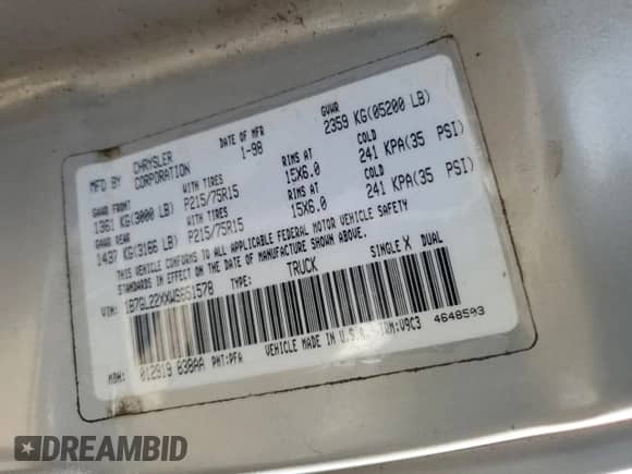 1998 Dodge Dakota SLT с VIN 1B7GL22XXWS651578, выставлен на аукционе Copart как лот 76149304 с пробегом 142 433 миль миль и Списание • Salvage title. История ставок и продаж доступна на DreamBid. Изображение 14.