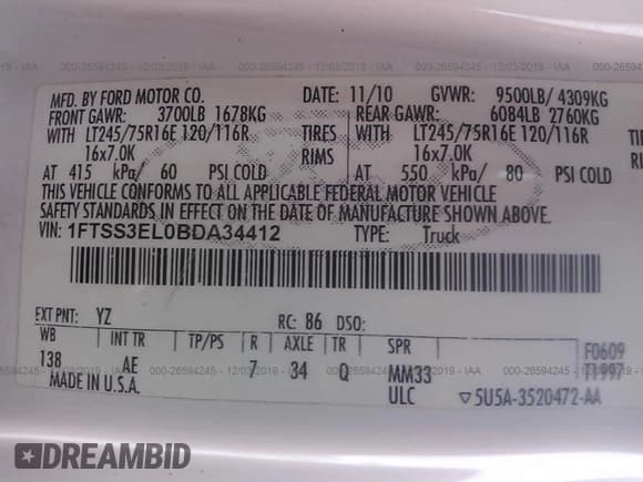 ✅ 2011 Ford Econoline Cargo Commercial • VIN: 1FTSS3EL0BDA34412 • Lot: 26594245. Listed on IAAI with Not provided. Free auction sales archive from the USA and detailed vehicle history report at DreamBid. Image 9.