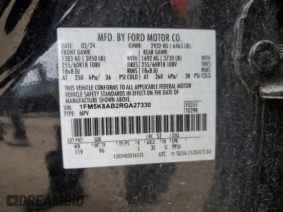 ✅ 2024 Ford Police Interceptor Utility • VIN: 1FM5K8AB2RGA27330 • Lot: 54846175. Listed on Copart with 17,338 mi. Free auction sales archive from the USA and detailed vehicle history report at DreamBid. Image 14.