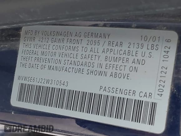 ✅ 2002 Volkswagen Jetta GLS • VIN: WVWSE61J22W310543 • Lot: 43903333. Listed on IAAI with 150,726 mi. Free auction sales archive from the USA and detailed vehicle history report at DreamBid. Image 9.