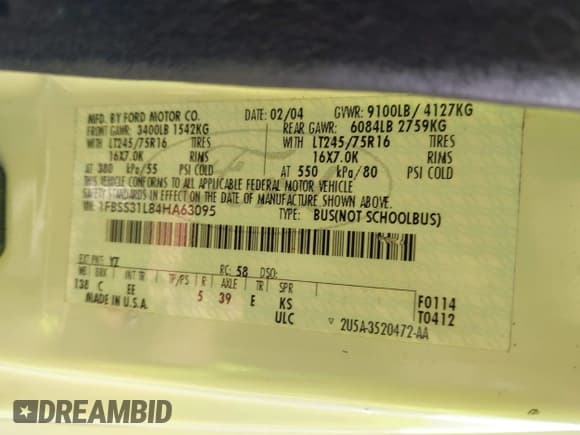 ✅ 2004 Ford Econoline Passenger XL • VIN: 1FBSS31L84HA63095 • Lot: 42391132. Listed on IAAI with 158,587 mi. Free auction sales archive from the USA and detailed vehicle history report at DreamBid. Image 9.