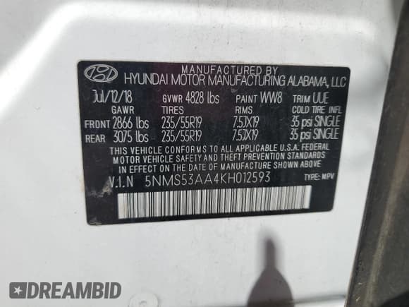 ✅ 2019 Hyundai Santa Fe Limited • VIN: 5NMS53AA4KH012593 • Lot: 46508594. Wystawiony na Copart z przebiegiem 76 779 mil. Bezpłatny archiwum sprzedaży aukcyjnych z USA i szczegółowy raport historii pojazdu na DreamBid. Zdjęcie 14.