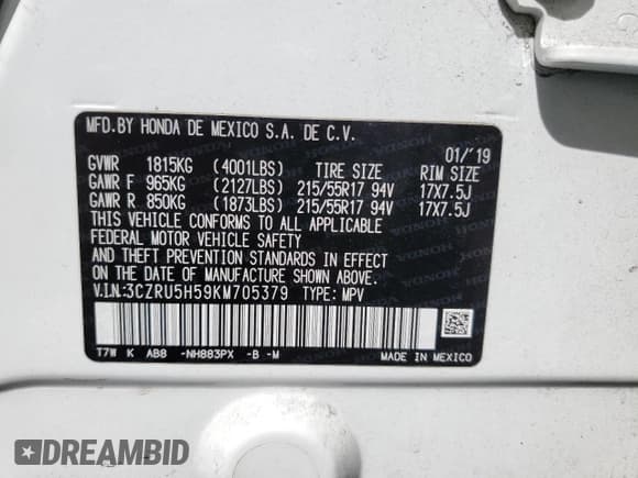 ✅ 2019 Honda HR-V EX • VIN: 3CZRU5H59KM705379 • Лот: 84431845. Опубликован ранее на Copart с пробегом 107 303 миль. Бесплатный доступ к архиву аукционных продаж из США и подробный отчёт об истории автомобиля на DreamBid. Изображение 13.