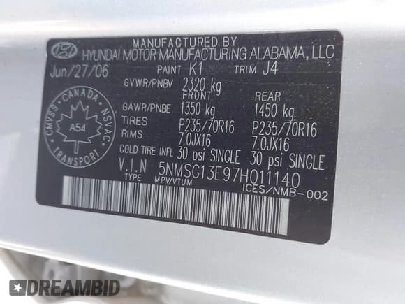 ✅ 2007 Hyundai Santa Fe GL 5Pass • VIN: 5NMSG13E97H011140 • Lot: 41674436. Listed on IAAI with 347,823 mi. Free auction sales archive from the USA and detailed vehicle history report at DreamBid. Image 9.