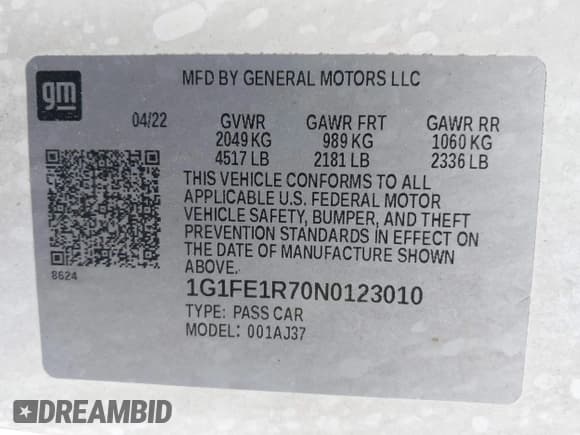 ✅ 2022 Chevrolet Camaro LT1 • VIN: 1G1FE1R70N0123010 • Lot: 41380487. Listed on IAAI with Not provided. Free auction sales archive from the USA and detailed vehicle history report at DreamBid. Image 9.