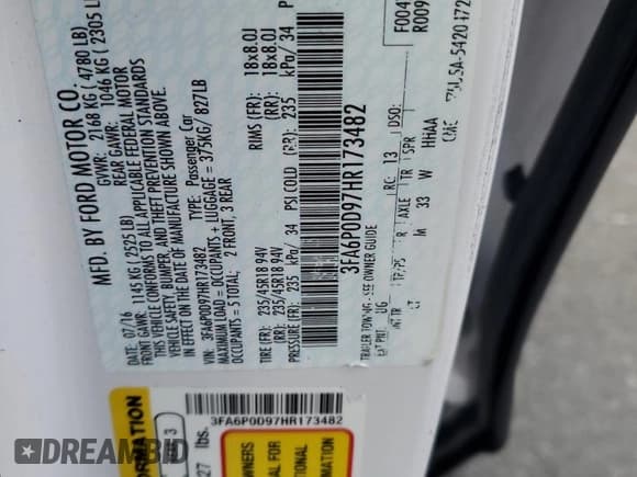 ✅ 2017 Ford Fusion Titanium • VIN: 3FA6P0D97HR173482 • Lot: 56623655. Listed on Copart with 85,086 mi. Free auction sales archive from the USA and detailed vehicle history report at DreamBid. Image 12.