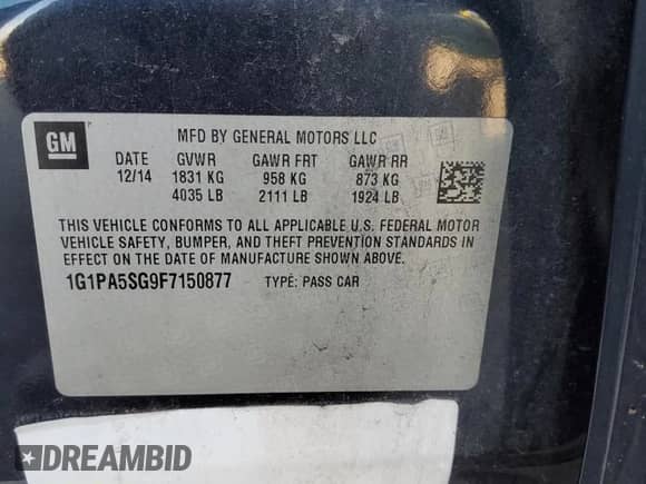 2015 Chevrolet Cruze LS with VIN 1G1PA5SG9F7150877, listed as a Copart auction lot 90125385 with 186,612 mi miles and Salvage title. Bid and sale history available at DreamBid. Image 12.