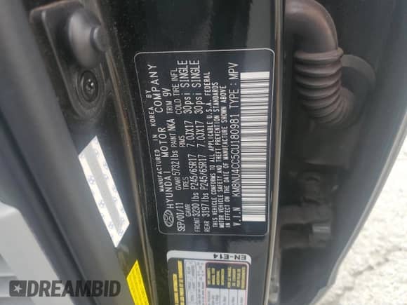 2012 Hyundai Veracruz Limited with VIN KM8NU4CC5CU180981, listed as a Copart auction lot 82311325 with 202,106 mi miles and Salvage title. Bid and sale history available at DreamBid. Image 12.