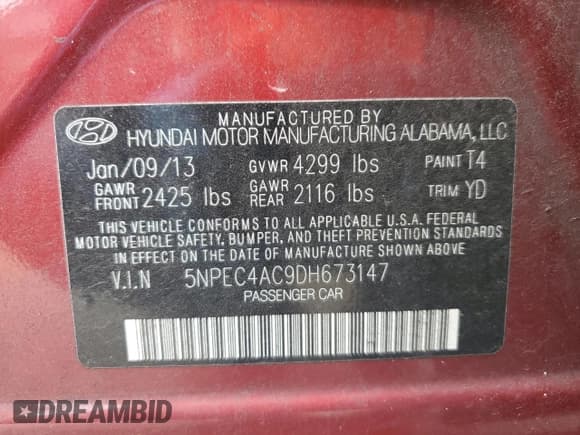 ✅ 2013 Hyundai Sonata SE • VIN: 5NPEC4AC9DH673147 • Lot: 73399854. Listed on Copart with 219,916 mi. Free auction sales archive from the USA and detailed vehicle history report at DreamBid. Image 12.