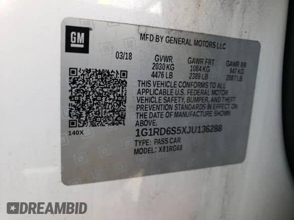 2018 Chevrolet Volt Premier с VIN 1G1RD6S5XJU136288, выставлен на аукционе Copart как лот 47532343 с пробегом 52 843 миль миль и . История ставок и продаж доступна на DreamBid. Изображение 13.