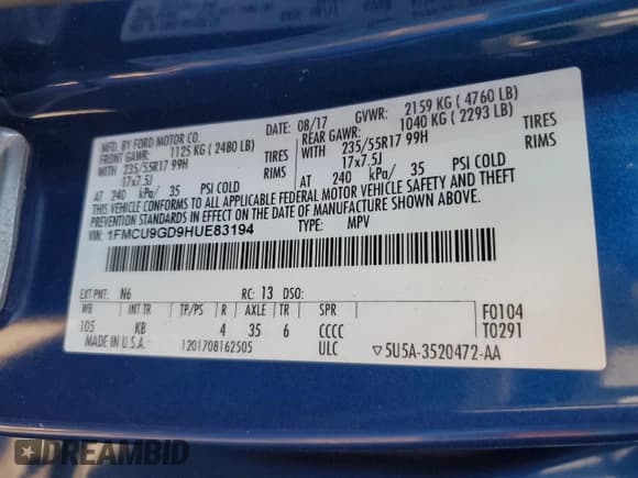 ✅ 2017 Ford Escape SE • VIN: 1FMCU9GD9HUE83194 • Lot: 91211475. Listed on Copart with 115,551 mi. Free auction sales archive from the USA and detailed vehicle history report at DreamBid. Image 14.