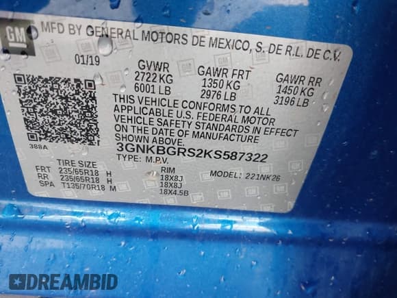 ✅ 2019 Chevrolet Blazer • VIN: 3GNKBGRS2KS587322 • Lot: 43618747. Listed on IAAI with 116,724 mi. Free auction sales archive from the USA and detailed vehicle history report at DreamBid. Image 9.