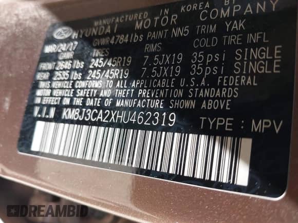 2017 Hyundai Tucson Sport with VIN KM8J3CA2XHU462319, listed as a IAAI auction lot 42969908 with 110,412 mi miles and . Bid and sale history available at DreamBid. Image 9.