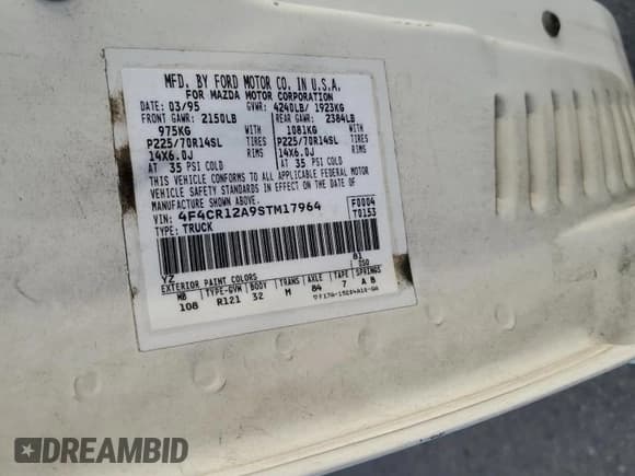 ✅ 1995 Mazda B-Series • VIN: 4F4CR12A9STM17964 • Lot: 78876464. Listed on Copart with 65,945 mi. Free auction sales archive from the USA and detailed vehicle history report at DreamBid. Image 12.