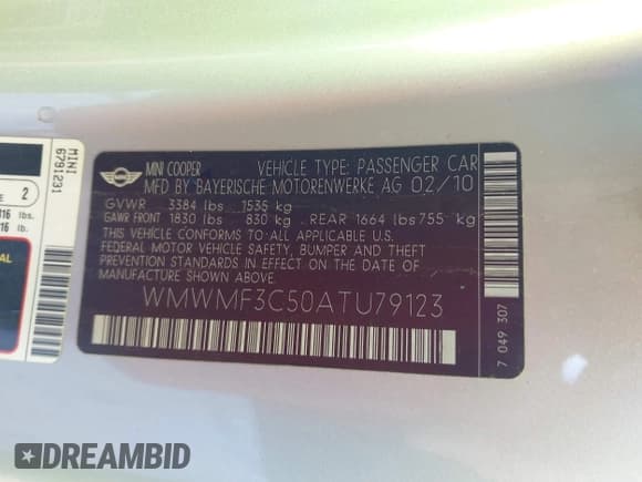 ✅ 2010 MINI Hardtop • VIN: WMWMF3C50ATU79123 • Lot: 43816266. Wystawiony na IAAI z przebiegiem 101 137 mil. Bezpłatny archiwum sprzedaży aukcyjnych z USA i szczegółowy raport historii pojazdu na DreamBid. Zdjęcie 9.