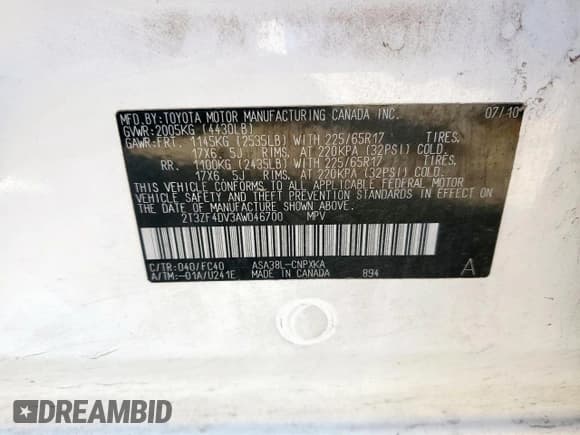 ✅ 2010 Toyota RAV4 • VIN: 2T3ZF4DV3AW046700 • Lot: 81470105. Wystawiony na Copart z przebiegiem 127 210 mil. Bezpłatny archiwum sprzedaży aukcyjnych z USA i szczegółowy raport historii pojazdu na DreamBid. Zdjęcie 13.