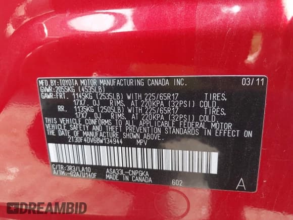 ✅ 2011 Toyota RAV4 Limited • VIN: 2T3DF4DV6BW134944 • Лот: 43145076. Опубликован ранее на IAAI с пробегом 109 950 миль. Бесплатный доступ к архиву аукционных продаж из США и подробный отчёт об истории автомобиля на DreamBid. Изображение 9.