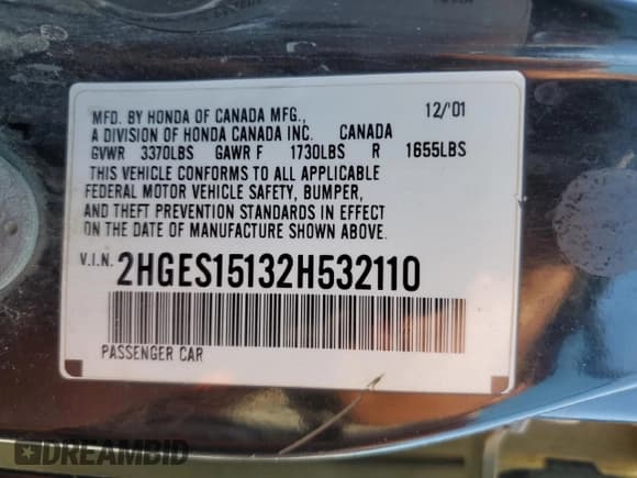 ✅ 2002 Honda Civic DX • VIN: 2HGES15132H532110 • Lot: 54237585. Listed on Copart with 368,562 mi. Free auction sales archive from the USA and detailed vehicle history report at DreamBid. Image 12.