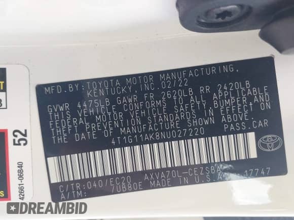 2022 Toyota Camry SE z VIN 4T1G11AK8NU027220, wystawiony jako IAAI lot #42161140 z przebiegiem 68 347 mil mil oraz . Historia ofert i sprzedaży dostępna na DreamBid. Obrazek 9.