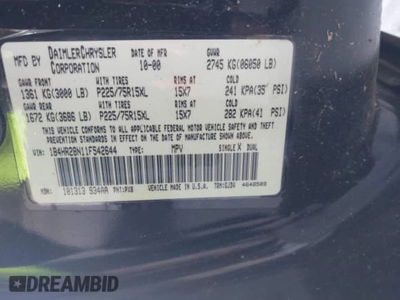 ✅ 2001 Dodge Durango • VIN: 1B4HR28N11F542644 • Lot: 42201952. Wystawiony na IAAI z przebiegiem 210 340 mil. Bezpłatny archiwum sprzedaży aukcyjnych z USA i szczegółowy raport historii pojazdu na DreamBid. Zdjęcie 9.