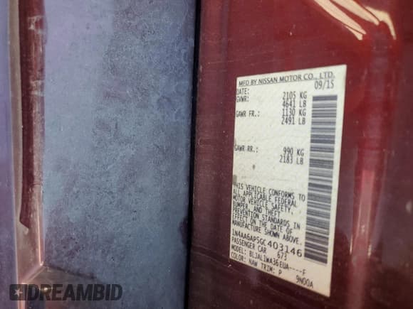 ✅ 2016 Nissan Maxima S • VIN: 1N4AA6AP5GC403146 • Lot: 87261355. Listed on Copart with 234,882 mi. Free auction sales archive from the USA and detailed vehicle history report at DreamBid. Image 12.