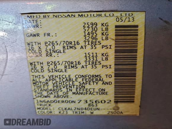 ✅ 2013 Nissan Frontier SV • VIN: 1N6AD0ER0DN735602 • Lot: 95963475. Listed on Copart with 202,883 mi. Free auction sales archive from the USA and detailed vehicle history report at DreamBid. Image 13.