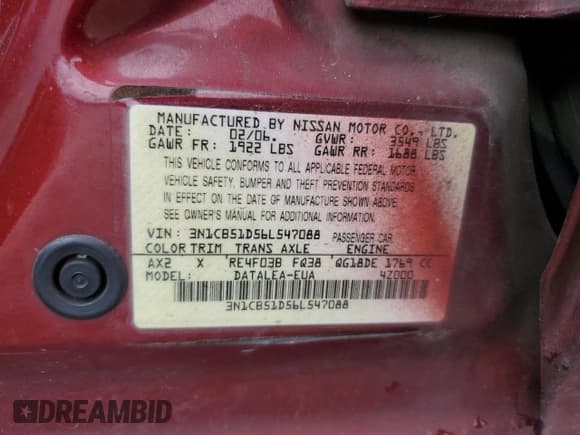 ✅ 2006 Nissan Sentra S • VIN: 3N1CB51D56L547088 • Лот: 54946243. Опубликован ранее на Copart с пробегом Не указан. Бесплатный доступ к архиву аукционных продаж из США и подробный отчёт об истории автомобиля на DreamBid. Изображение 10.