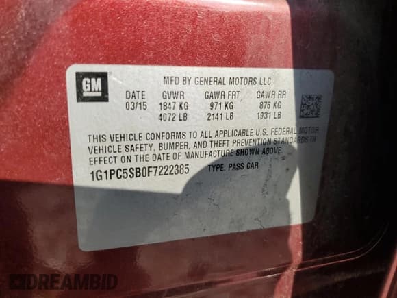 ✅ 2015 Chevrolet Cruze LT • VIN: 1G1PC5SB0F7222385 • Lot: 70261895. Listed on Copart with 145,585 mi. Free auction sales archive from the USA and detailed vehicle history report at DreamBid. Image 12.