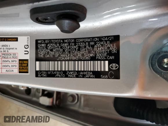 ✅ 2021 Toyota Prius XLE • VIN: JTDKAMFP8M3192080 • Lot: 93092875. Listed on Copart with 24,660 mi. Free auction sales archive from the USA and detailed vehicle history report at DreamBid. Image 12.