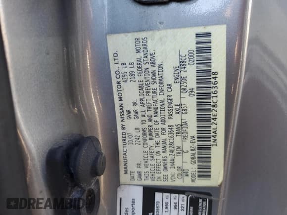 ✅ 2008 Nissan Altima S • VIN: 1N4AL24E28C163648 • Lot: 82722505. Listed on Copart with 180,543 mi. Free auction sales archive from the USA and detailed vehicle history report at DreamBid. Image 12.