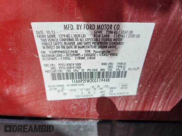 ✅ 2012 Ford Taurus Limited • VIN: 1FAHP2FW2CG119448 • Лот: 70786695. Опубликован ранее на Copart с пробегом Не указан. Бесплатный доступ к архиву аукционных продаж из США и подробный отчёт об истории автомобиля на DreamBid. Изображение 12.