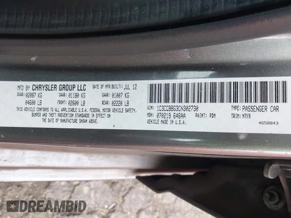 ✅ 2012 Chrysler 200 Touring • VIN: 1C3CCBBG3CN302730 • Lot: 43406754. Listed on IAAI with 158,925 mi. Free auction sales archive from the USA and detailed vehicle history report at DreamBid. Image 9.