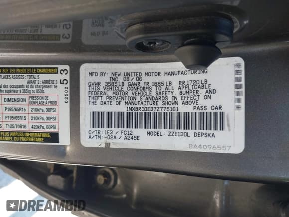 ✅ 2007 Toyota Corolla CE • VIN: 1NXBR30E37Z775161 • Lot: 43307098. Listed on IAAI with 132,512 mi. Free auction sales archive from the USA and detailed vehicle history report at DreamBid. Image 9.