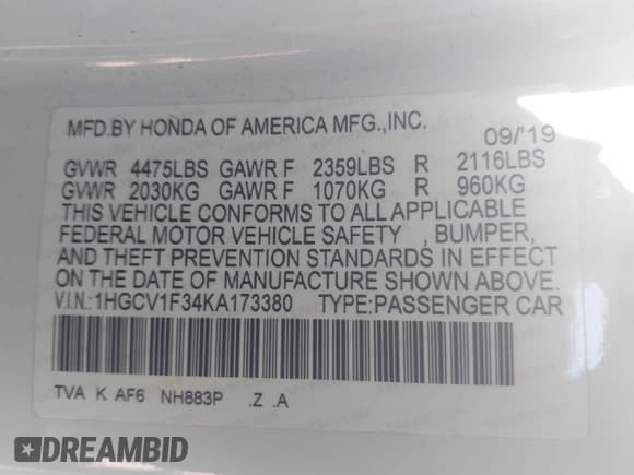 ✅ 2019 Honda Accord Sport • VIN: 1HGCV1F34KA173380 • Lot: 43061083. Wystawiony na IAAI z przebiegiem 95 837 mil. Bezpłatny archiwum sprzedaży aukcyjnych z USA i szczegółowy raport historii pojazdu na DreamBid. Zdjęcie 9.