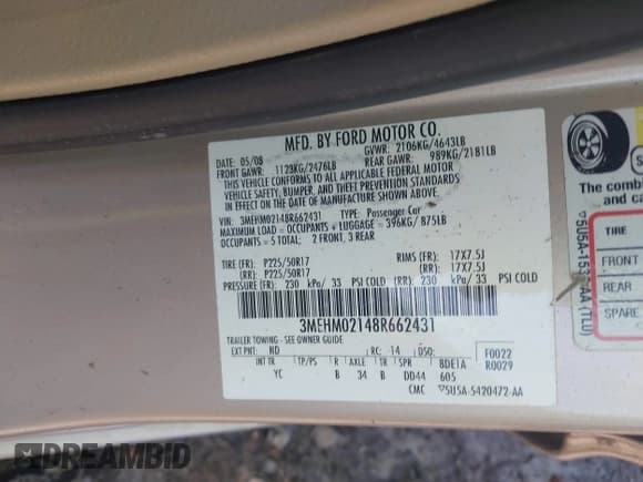 ✅ 2008 Mercury Milan Premier • VIN: 3MEHM02148R662431 • Lot: 41082625. Listed on IAAI with 133,652 mi. Free auction sales archive from the USA and detailed vehicle history report at DreamBid. Image 9.