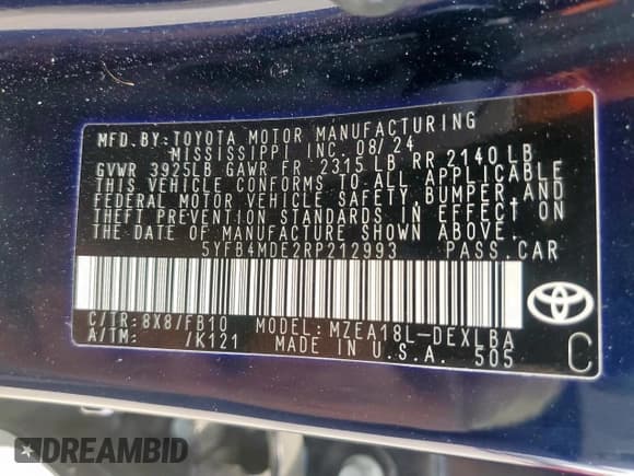 ✅ 2024 Toyota Corolla LE • VIN: 5YFB4MDE2RP212993 • Lot: 82083485. Listed on Copart with 30,868 mi. Free auction sales archive from the USA and detailed vehicle history report at DreamBid. Image 12.