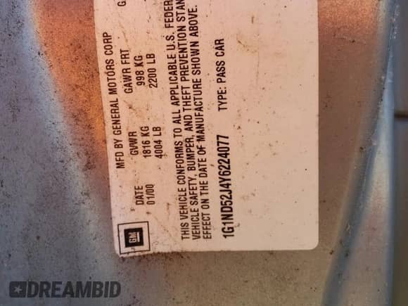 ✅ 2000 Chevrolet Malibu • VIN: 1G1ND52J4Y6224077 • Lot: 83803584. Wystawiony na Copart z przebiegiem Nie podano mil. Skorzystaj z bezpłatnego archiwum sprzedaży aukcyjnych z USA i zobacz szczegółowy raport historii pojazdu na DreamBid. Zdjęcie 12.