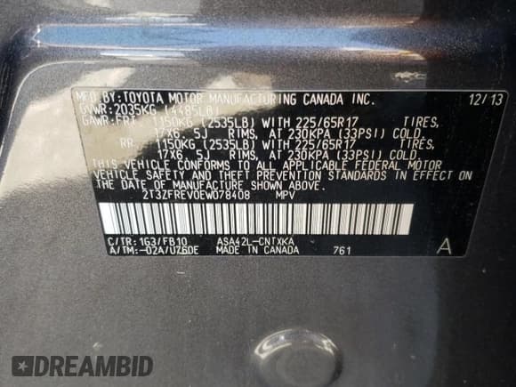 ✅ 2014 Toyota RAV4 LE • VIN: 2T3ZFREV0EW078408 • Lot: 52043795. Listed on Copart with 183,638 mi. Free auction sales archive from the USA and detailed vehicle history report at DreamBid. Image 14.