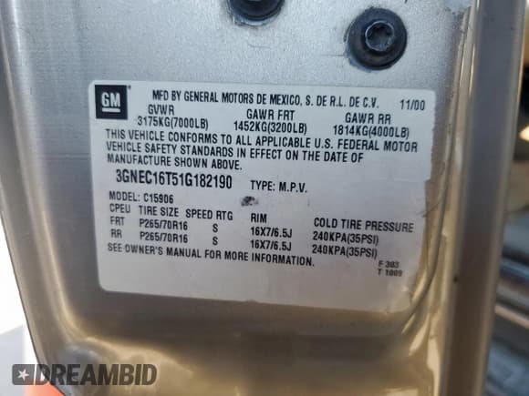 ✅ 2000 Chevrolet Suburban LS • VIN: 3GNEC16T7YG130716 • Lot: 80518535. Listed on Copart with Not provided. Free auction sales archive from the USA and detailed vehicle history report at DreamBid. Image 13.