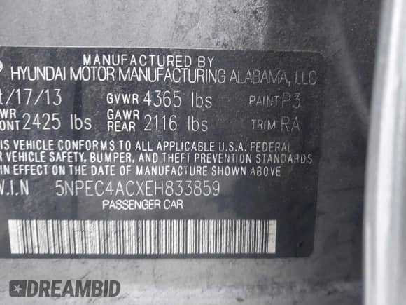 2014 Hyundai Sonata SE with VIN 5NPEC4ACXEH833859, listed as a IAAI auction lot 43589316 with 144,188 mi miles and . Bid and sale history available at DreamBid. Image 9.