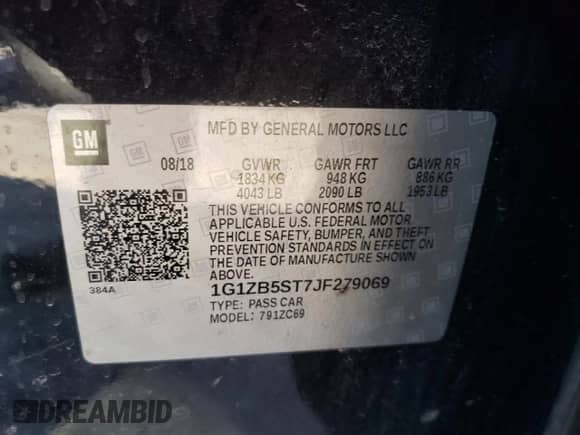 2018 Chevrolet Malibu LS с VIN 1G1ZB5ST7JF279069, выставлен на аукционе Copart как лот 74306103 с пробегом 78 204 миль миль и Списание • Salvage title. История ставок и продаж доступна на DreamBid. Изображение 12.